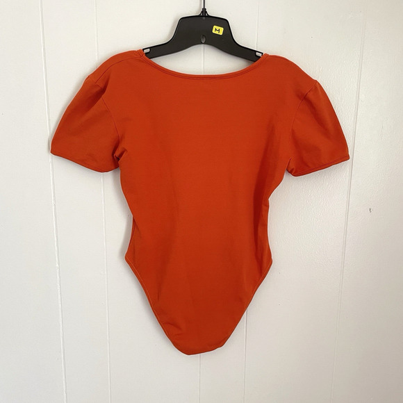 Vintage Orange Bodysuit Large | Square Neck Minimalist Ballet Euro Stretch Knit - Picture 2 of 6